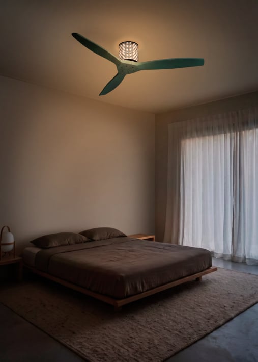 WIND CALM CUSTOM RATTAN - Ceiling fan 40W silent Ø132 cm with LED light in body and lamp