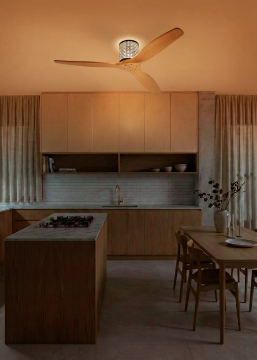 WIND CALM CUSTOM RATTAN - Ceiling fan 40W silent Ø132 cm with LED light in body and lamp