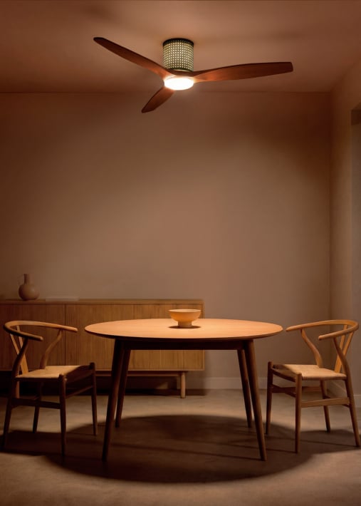 WIND CALM CUSTOM RATTAN - Ceiling fan 40W silent Ø132 cm with LED light in body and lamp