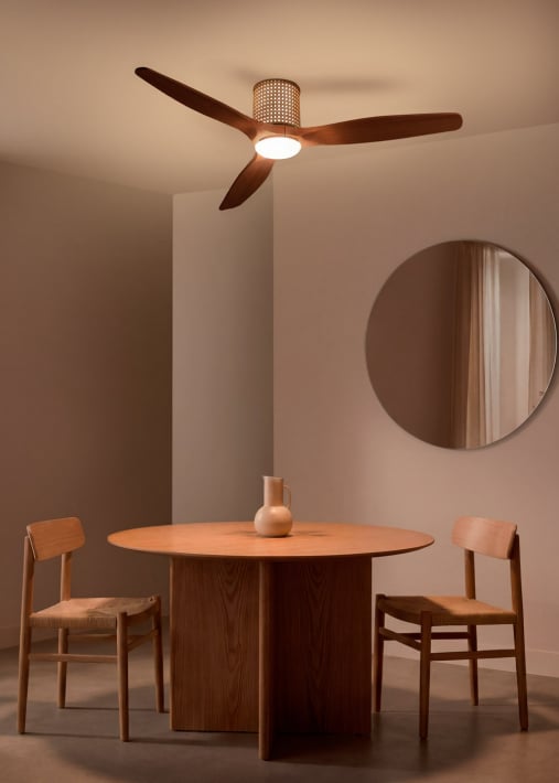 WIND CALM CUSTOM RATTAN - Ceiling fan 40W silent Ø132 cm with LED light in body and lamp