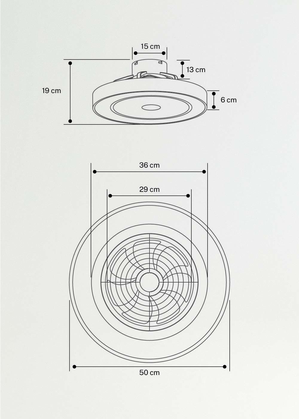 WIND CLEAR EASY - 40W silent ceiling fan Ø50 cm with hidden blades and LED light, medidas foto vertical