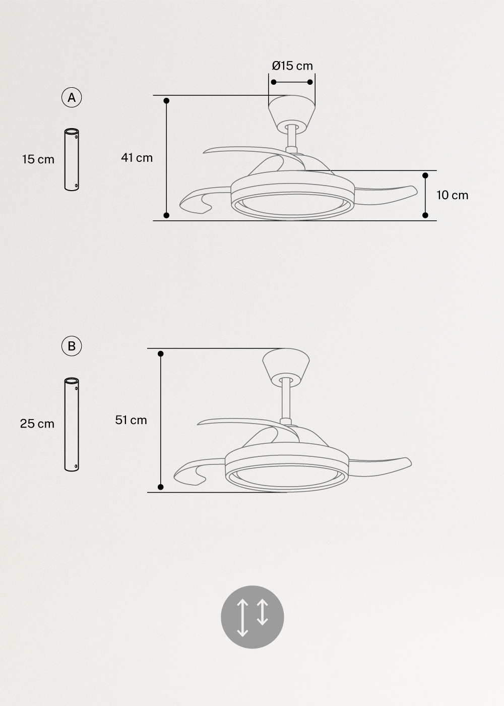 WIND CLEAR EDGE - 40W silent ceiling fan Ø107 cm with retractable blades and LED light, medidas foto vertical