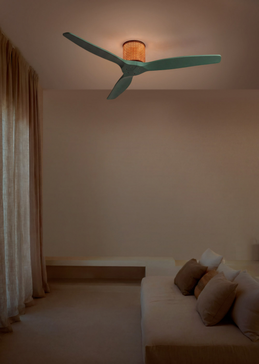 WIND CALM CUSTOM RATTAN - Ceiling fan 40W silent Ø132 cm with LED light in body and lamp