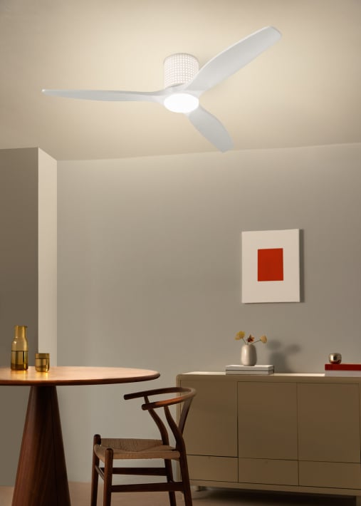 WIND CALM CUSTOM RATTAN - Ceiling fan 40W silent Ø132 cm with LED light in body and lamp
