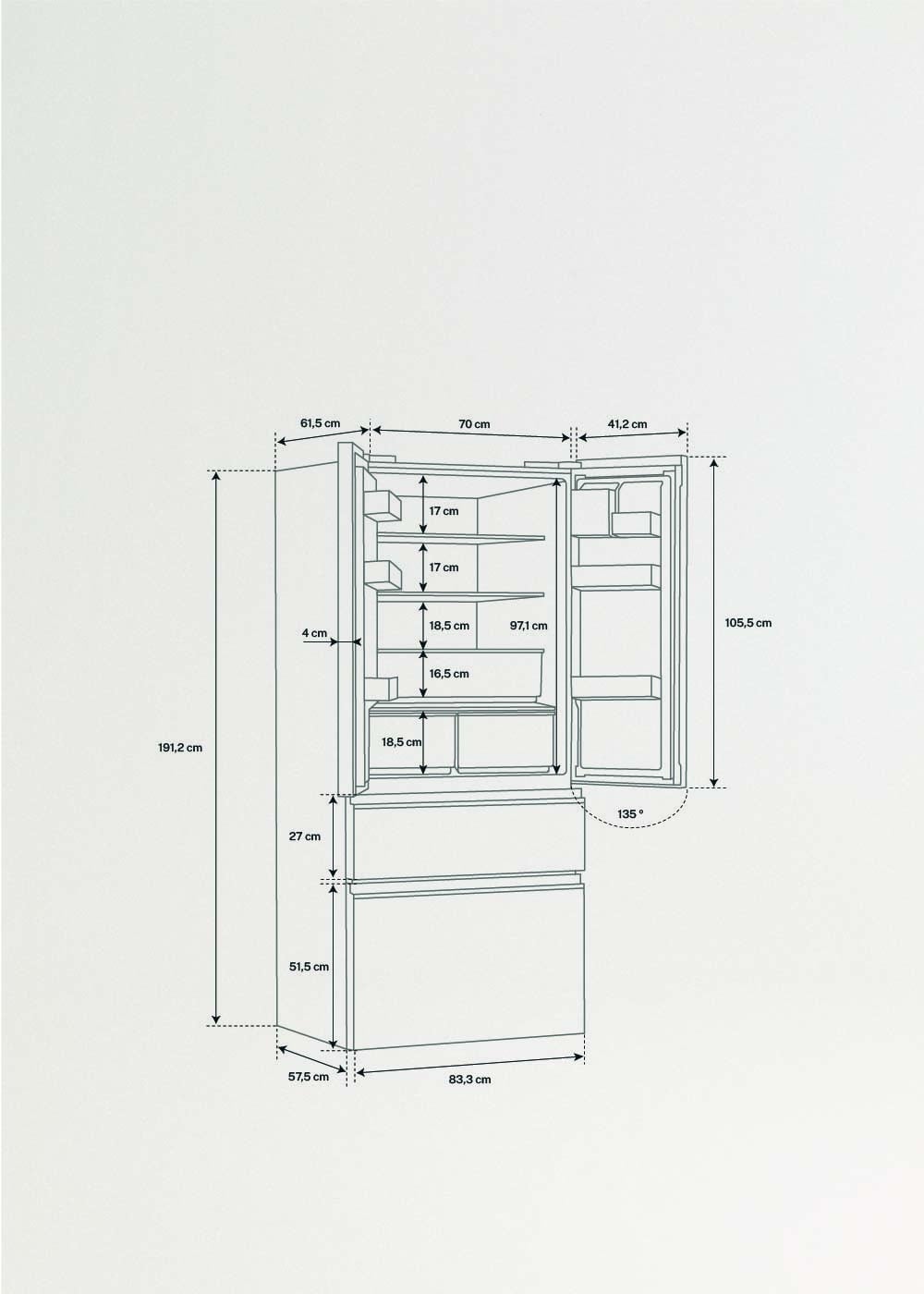 FRIDGE STUDIO FRENCH DOOR PRO 509 - French door style fridge 509L No Frost with Space Pro and Care+, medidas foto vertical