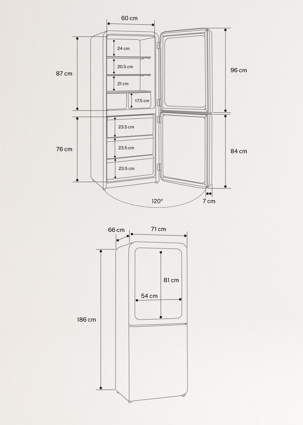 FRIDGE RETRO KNOCK KNOCK 401L - 401L No Frost Fridge Freezer with Retro-Style Viewing Window, medidas foto vertical