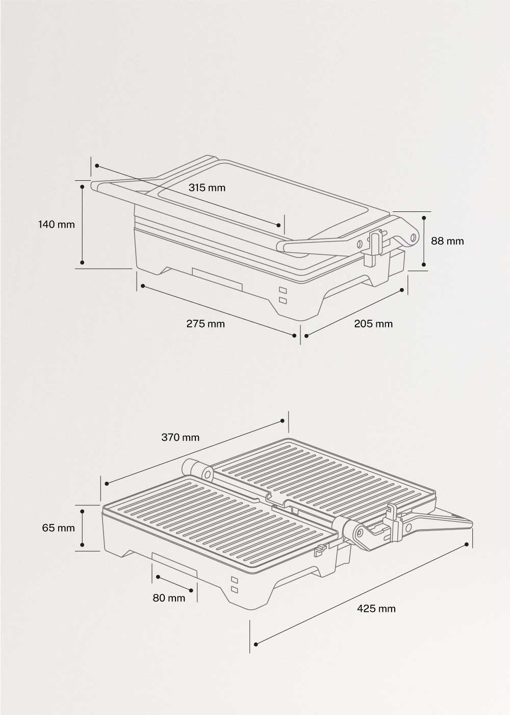 STONE GRILL EASY - Multifunction 1600W fold-out grill and panini press, medidas foto vertical