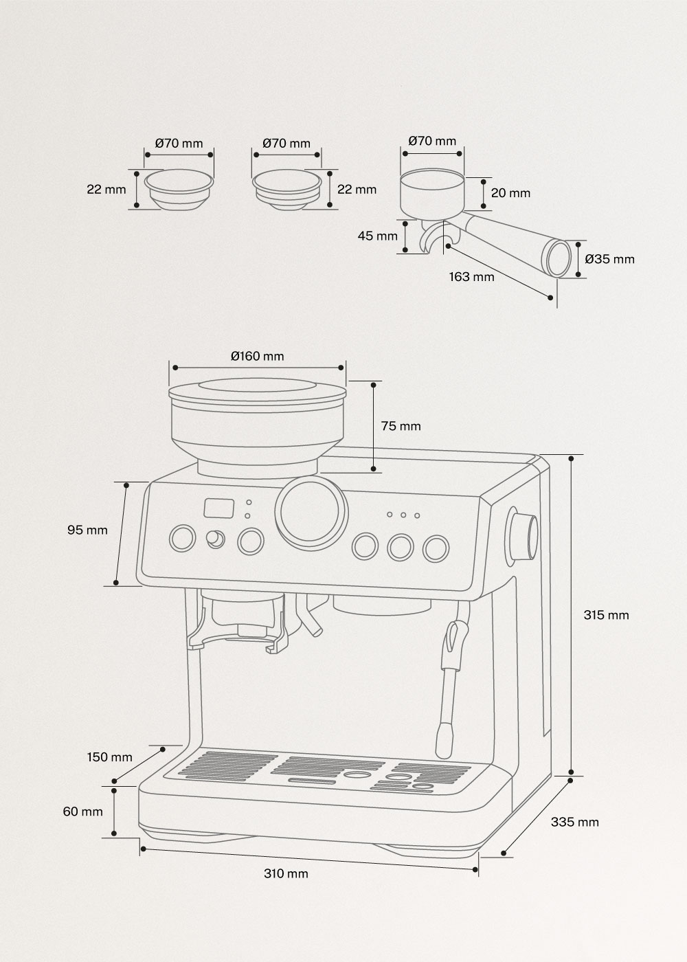 THERA CLASSIC ADVANCE - Semi-automatic espresso machine with steamer, medidas foto vertical