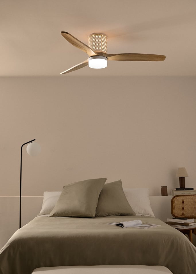 WIND CALM RATTAN - Ceiling fan 40W silent Ø132 cm with LED light in body and lamp, gallery image 1