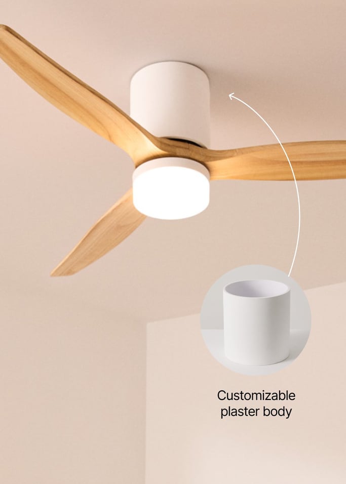 WIND CALM CONCRETE - Silent 40W ceiling fan Ø132cm 100% wood with customizable plaster casing, gallery image 1