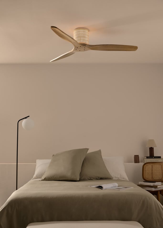 WIND CALM CUSTOM RATTAN - Ceiling fan 40W silent Ø132 cm with LED light in body and lamp, gallery image 1