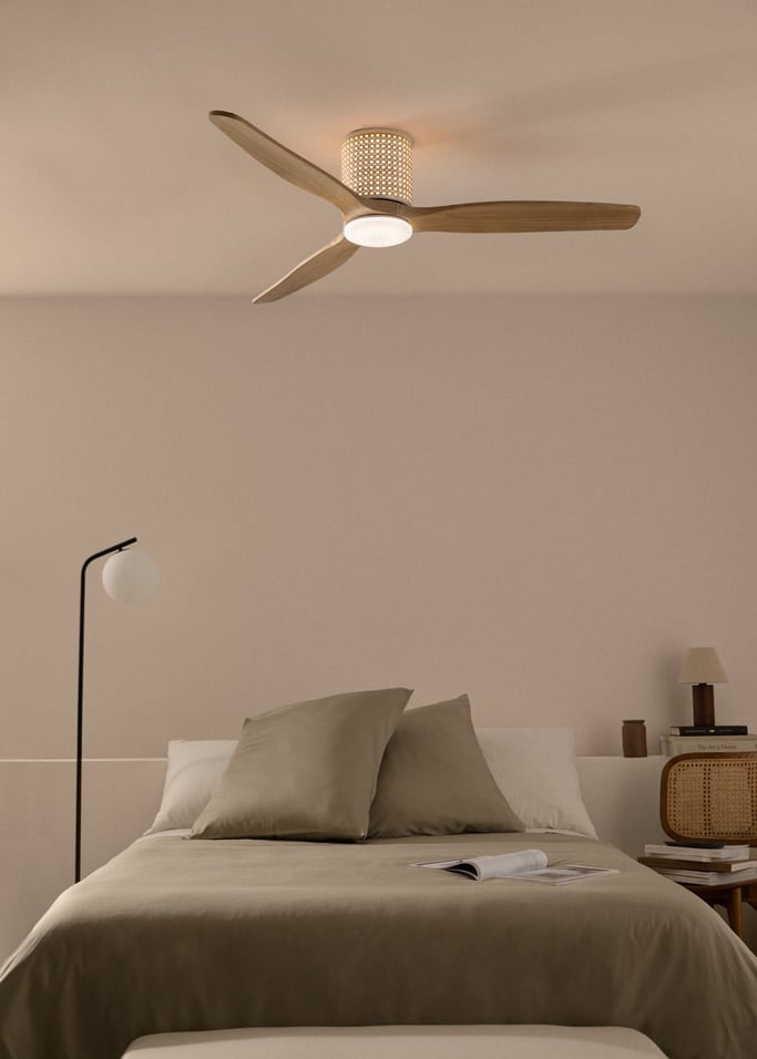 WIND CALM CUSTOM RATTAN - Ceiling fan 40W silent Ø132 cm with LED light in body and lamp, gallery image 1