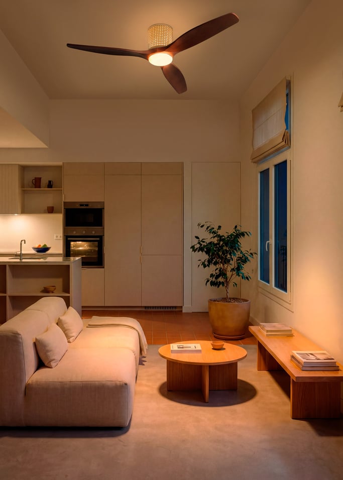 WIND CALM CUSTOM RATTAN - Ceiling fan 40W silent Ø132 cm with LED light in body and lamp, gallery image 2