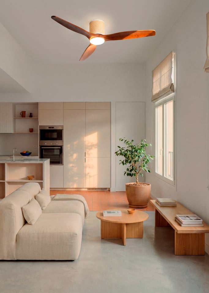 WIND CALM CUSTOM RATTAN - Ceiling fan 40W silent Ø132 cm with LED light in body and lamp, gallery image 1