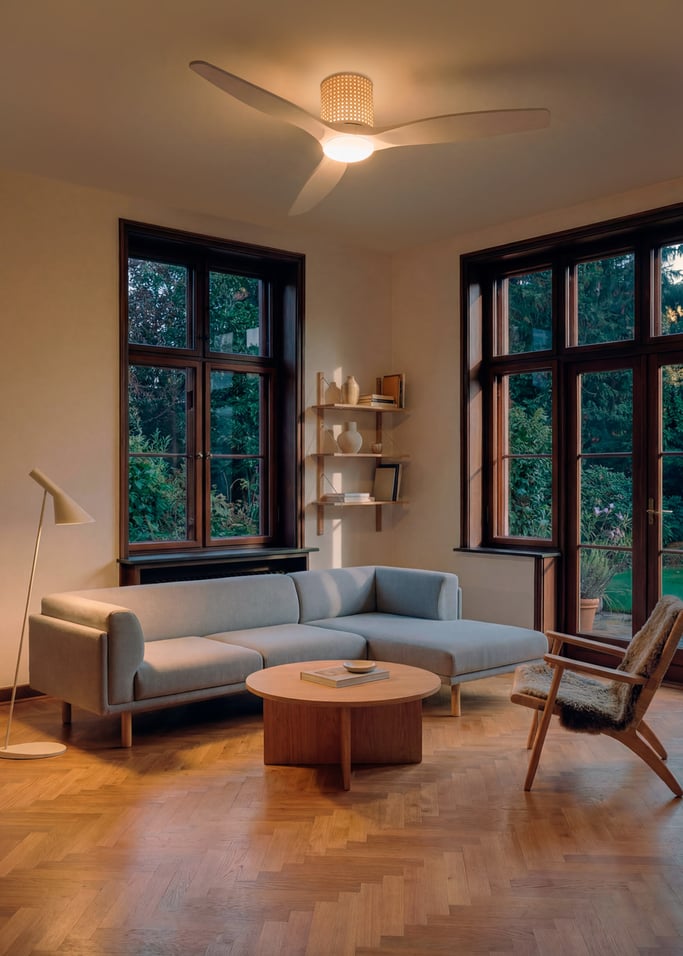 WIND CALM CUSTOM RATTAN - Ceiling fan 40W silent Ø132 cm with LED light in body and lamp, gallery image 2