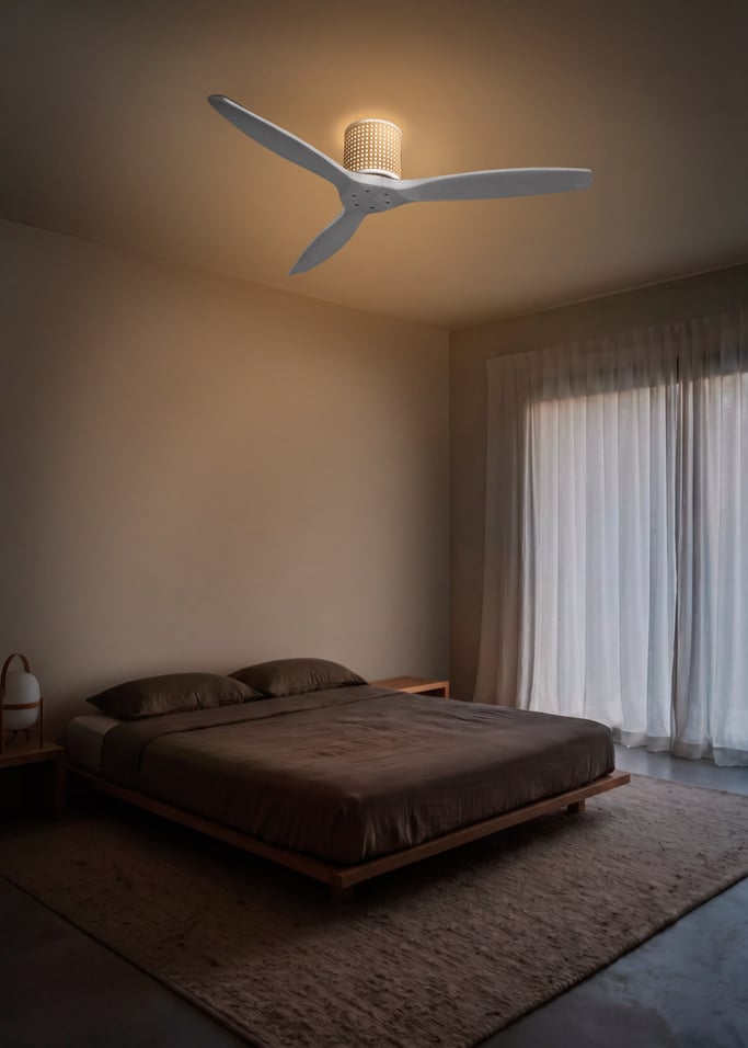 WIND CALM CUSTOM RATTAN - Ceiling fan 40W silent Ø132 cm with LED light in body and lamp, gallery image 1