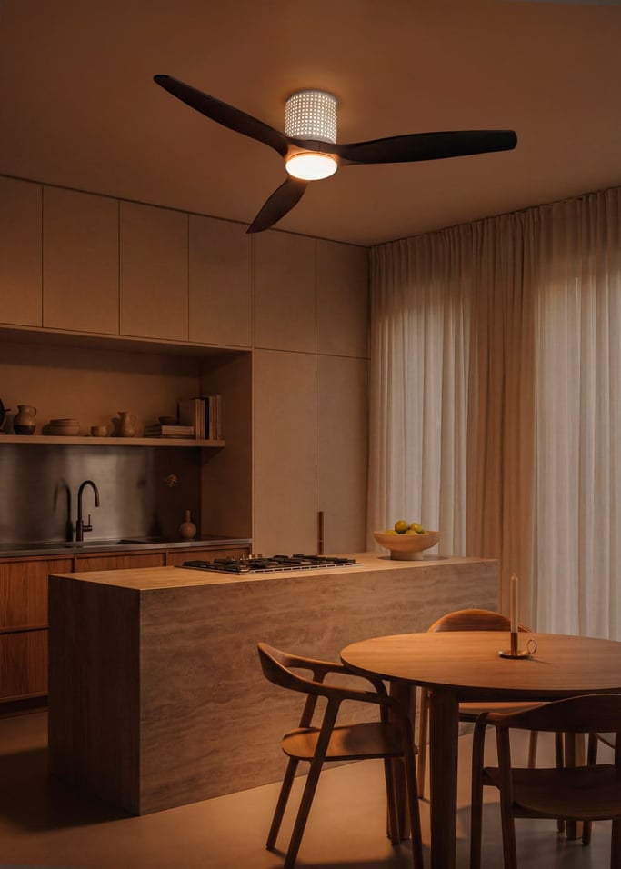 WIND CALM CUSTOM RATTAN - Ceiling fan 40W silent Ø132 cm with LED light in body and lamp, gallery image 1