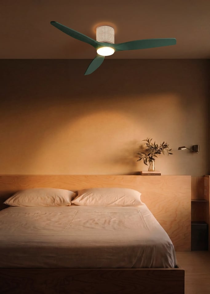 WIND CALM CUSTOM RATTAN - Ceiling fan 40W silent Ø132 cm with LED light in body and lamp, gallery image 1