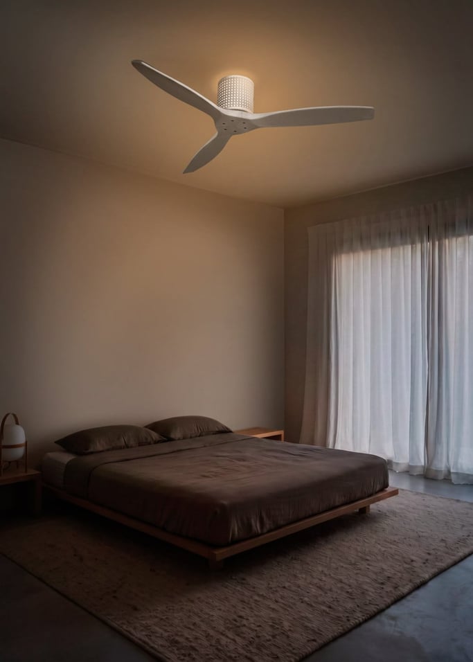WIND CALM CUSTOM RATTAN - Ceiling fan 40W silent Ø132 cm with LED light in body and lamp, gallery image 1
