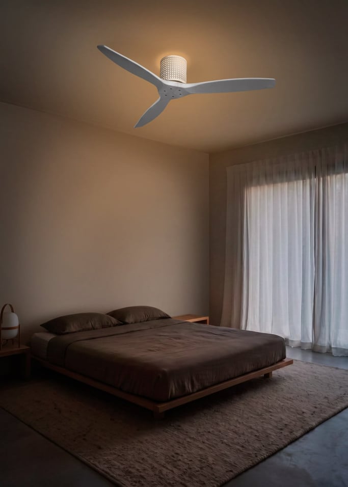 WIND CALM CUSTOM RATTAN - Ceiling fan 40W silent Ø132 cm with LED light in body and lamp, gallery image 1