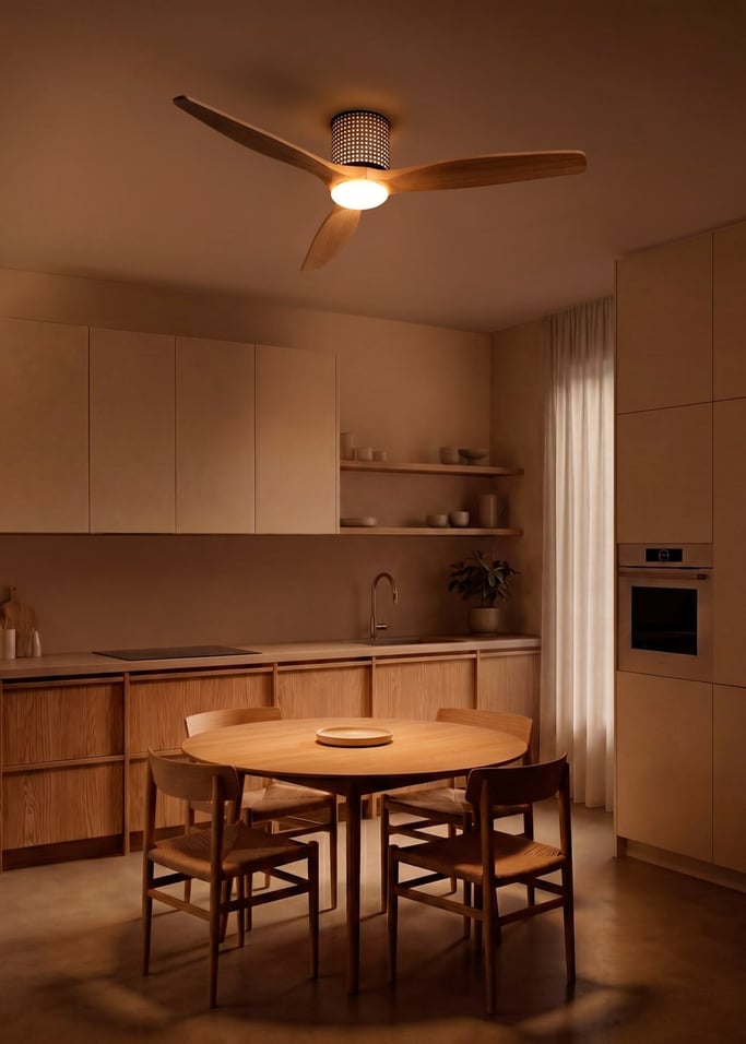 WIND CALM CUSTOM RATTAN - Ceiling fan 40W silent Ø132 cm with LED light in body and lamp, gallery image 1