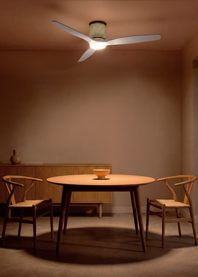 WIND CALM CUSTOM RATTAN - Ceiling fan 40W silent Ø132 cm with LED light in body and lamp, gallery image 1