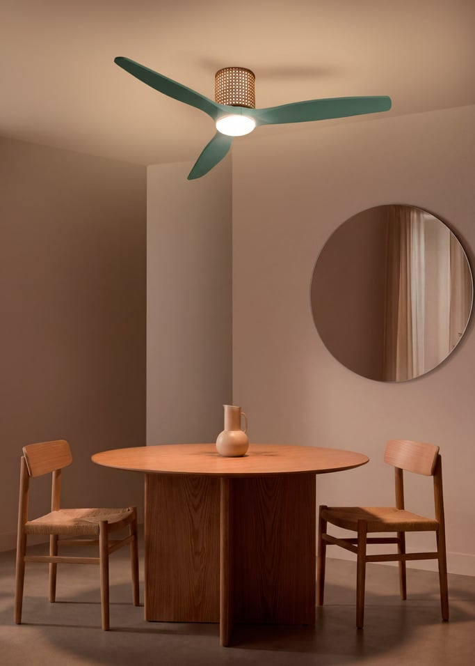 WIND CALM CUSTOM RATTAN - Ceiling fan 40W silent Ø132 cm with LED light in body and lamp, gallery image 1