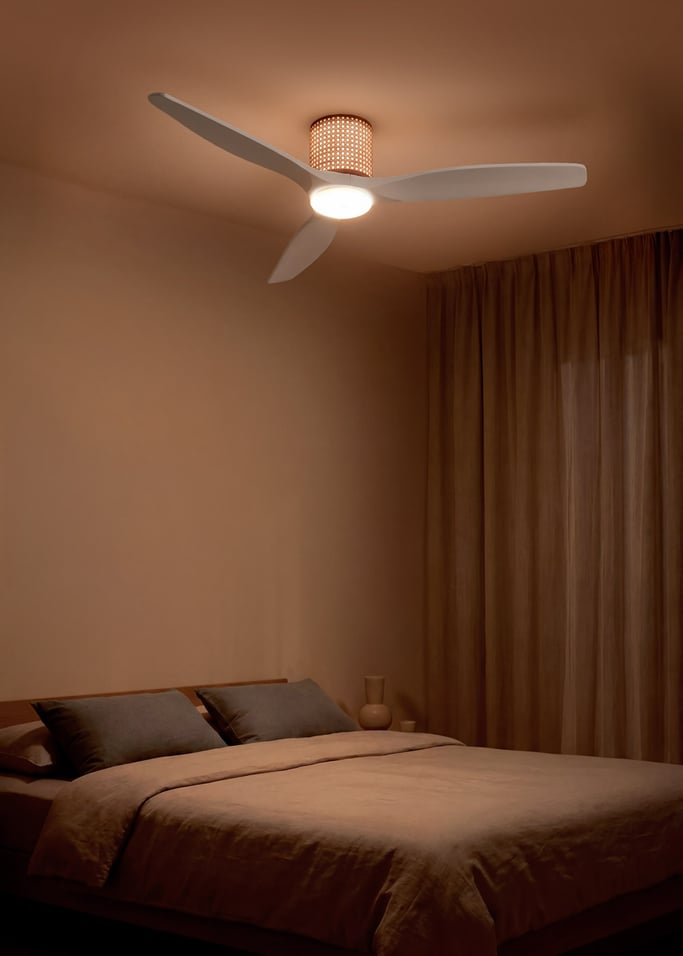 WIND CALM CUSTOM RATTAN - Ceiling fan 40W silent Ø132 cm with LED light in body and lamp, gallery image 1
