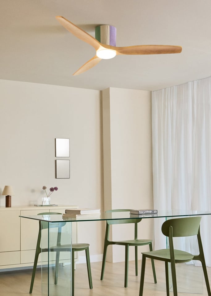 WIND CALM CUSTOM WOVEN - Silent 40W ceiling fan Ø132 cm made of 100% wood with LED light, gallery image 1