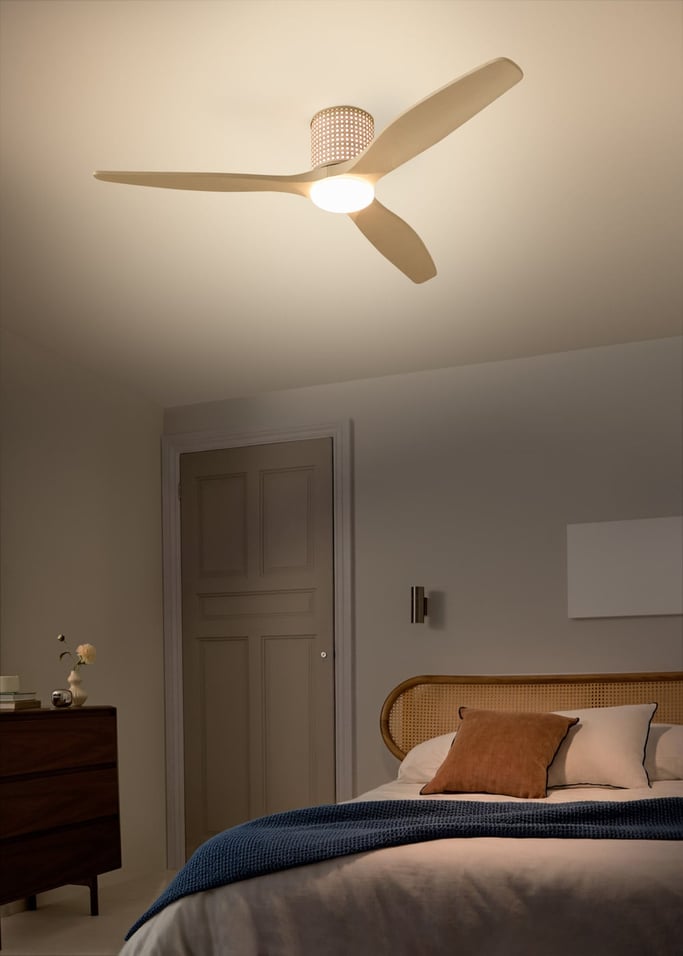 WIND CALM CUSTOM RATTAN - Ceiling fan 40W silent Ø132 cm with LED light in body and lamp, gallery image 1