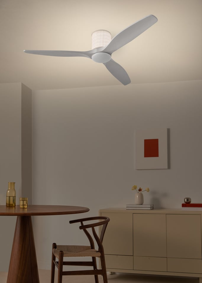 WIND CALM CUSTOM RATTAN - Ceiling fan 40W silent Ø132 cm with LED light in body and lamp, gallery image 3