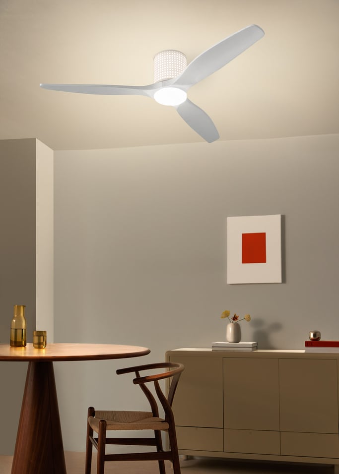 WIND CALM CUSTOM RATTAN - Ceiling fan 40W silent Ø132 cm with LED light in body and lamp, gallery image 1
