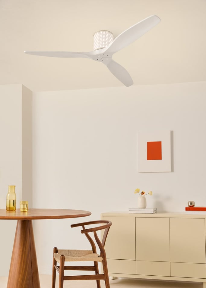 WIND CALM CUSTOM RATTAN - Ceiling fan 40W silent Ø132 cm with LED light in body and lamp, gallery image 2